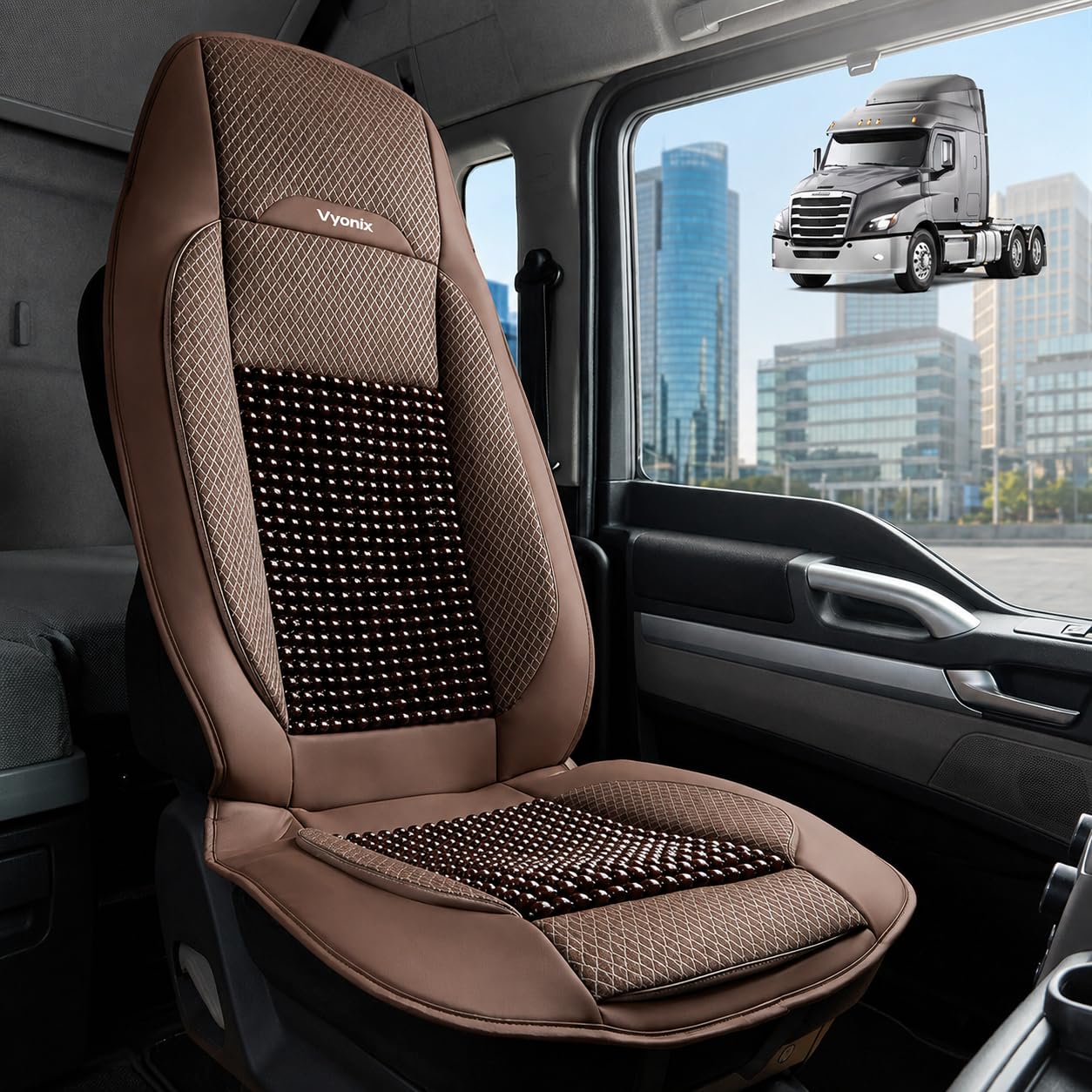 Coffee brown Vyonix beaded seat cover fitted to a semi truck driver seat