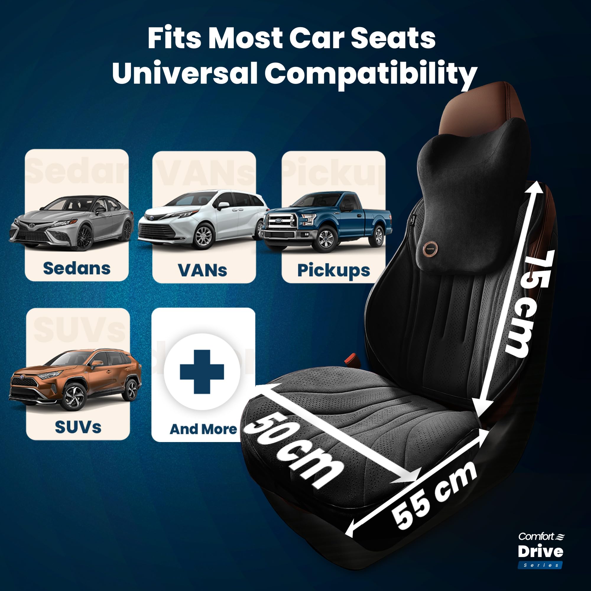 Seat cushion fitment chart - fits sedans, vans, pickups and SUVs, 75 cm backrest, 50 by 55 cm seat base