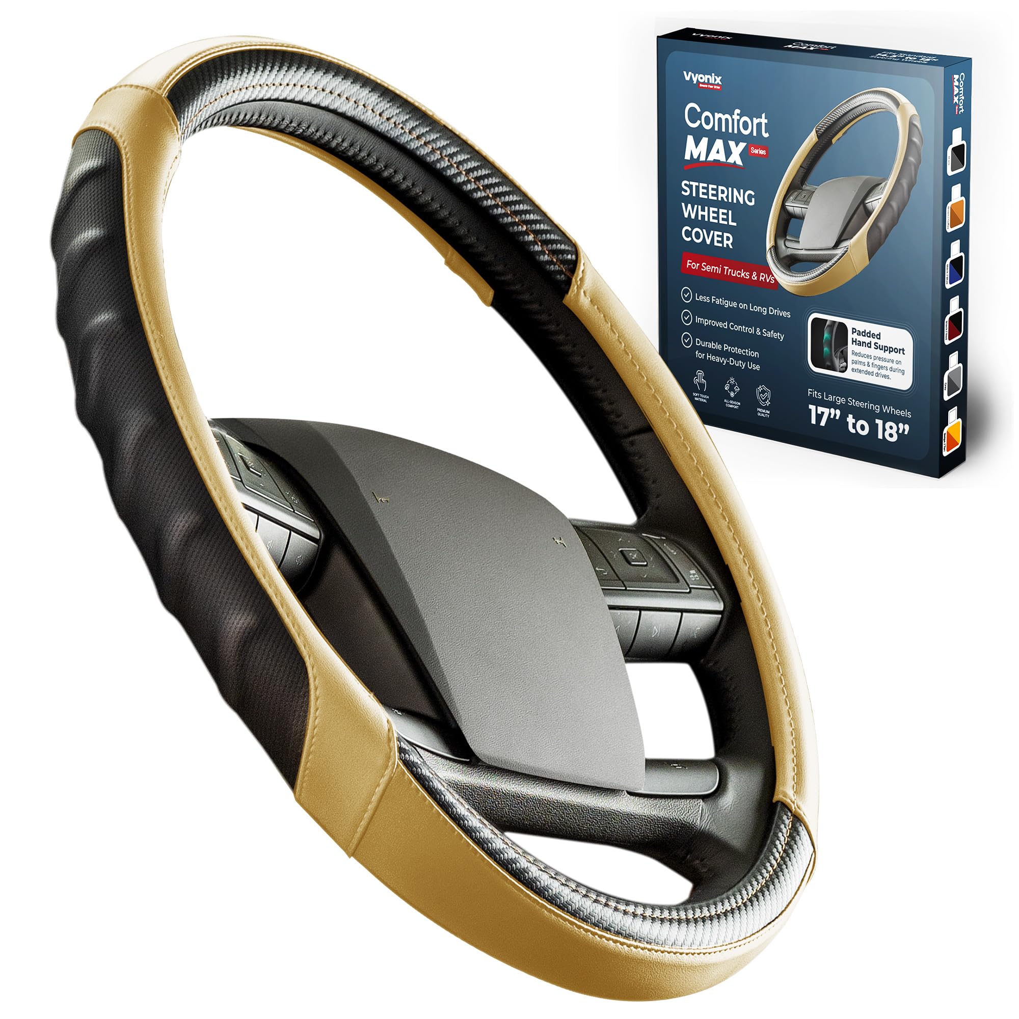 Vyonix 18 inch semi truck steering wheel cover in Tan with black carbon fibre accents