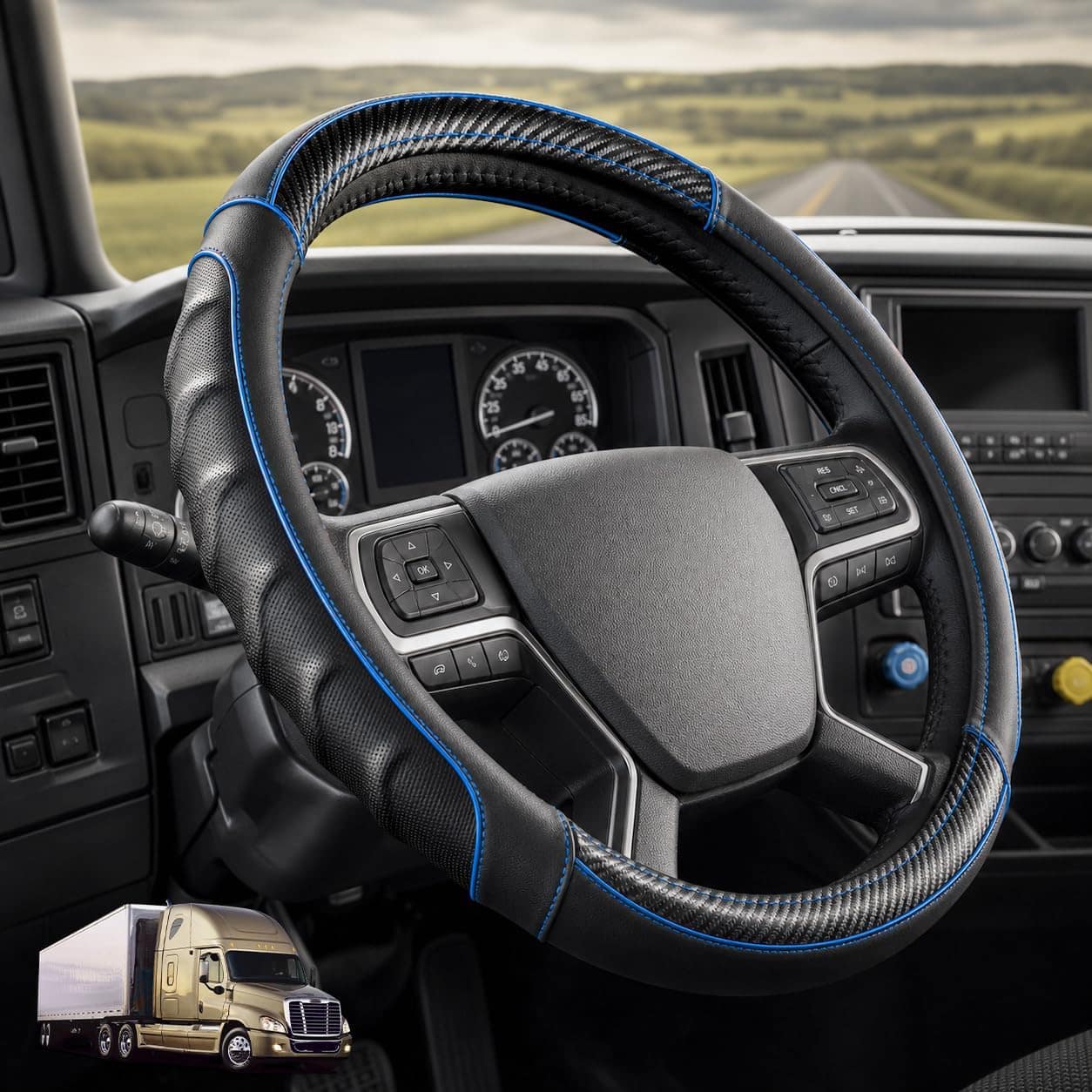Vyonix 18 inch carbon blue semi-truck steering wheel cover installed