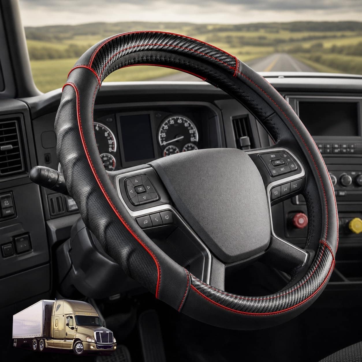 Vyonix 18 inch carbon red semi-truck steering wheel cover installed