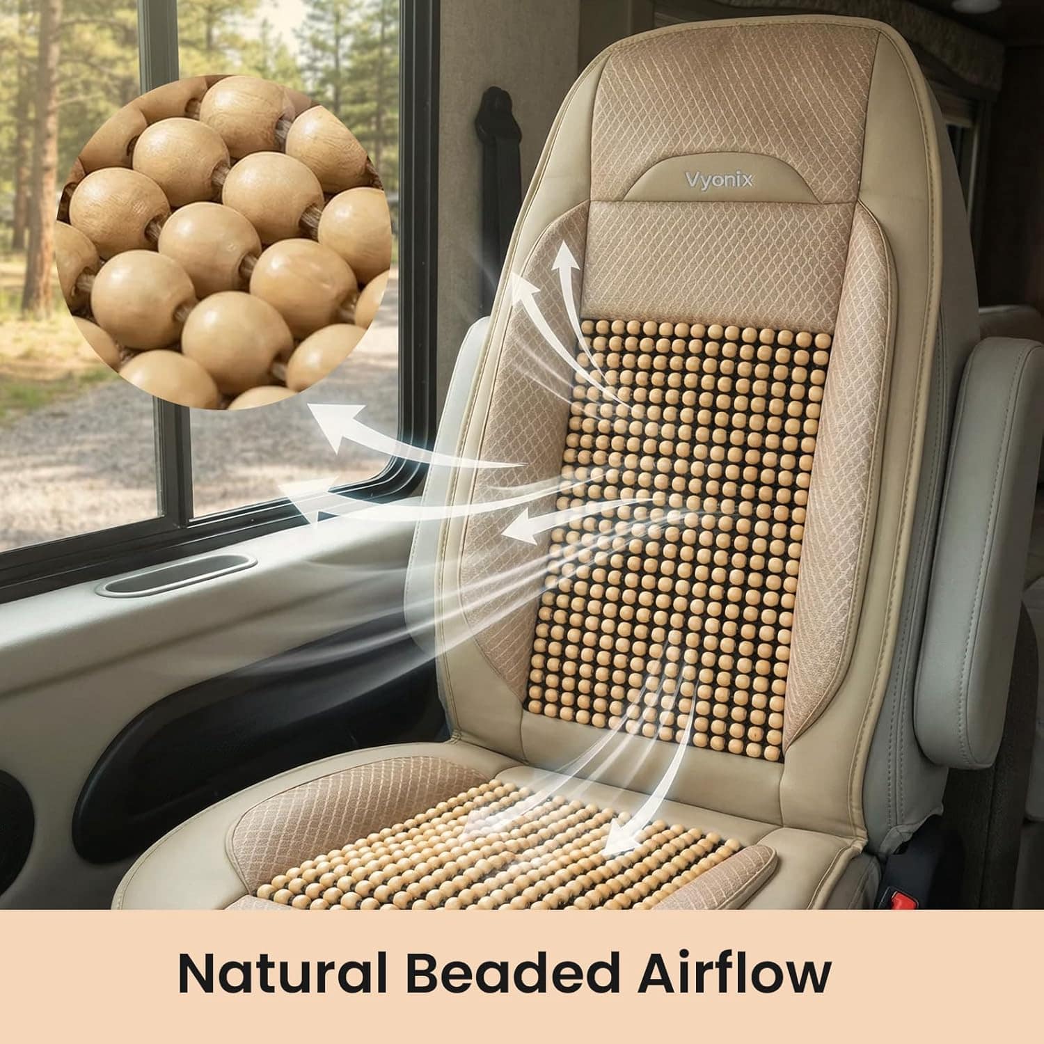 Vyonix RV beaded seat cover natural wooden bead airflow design