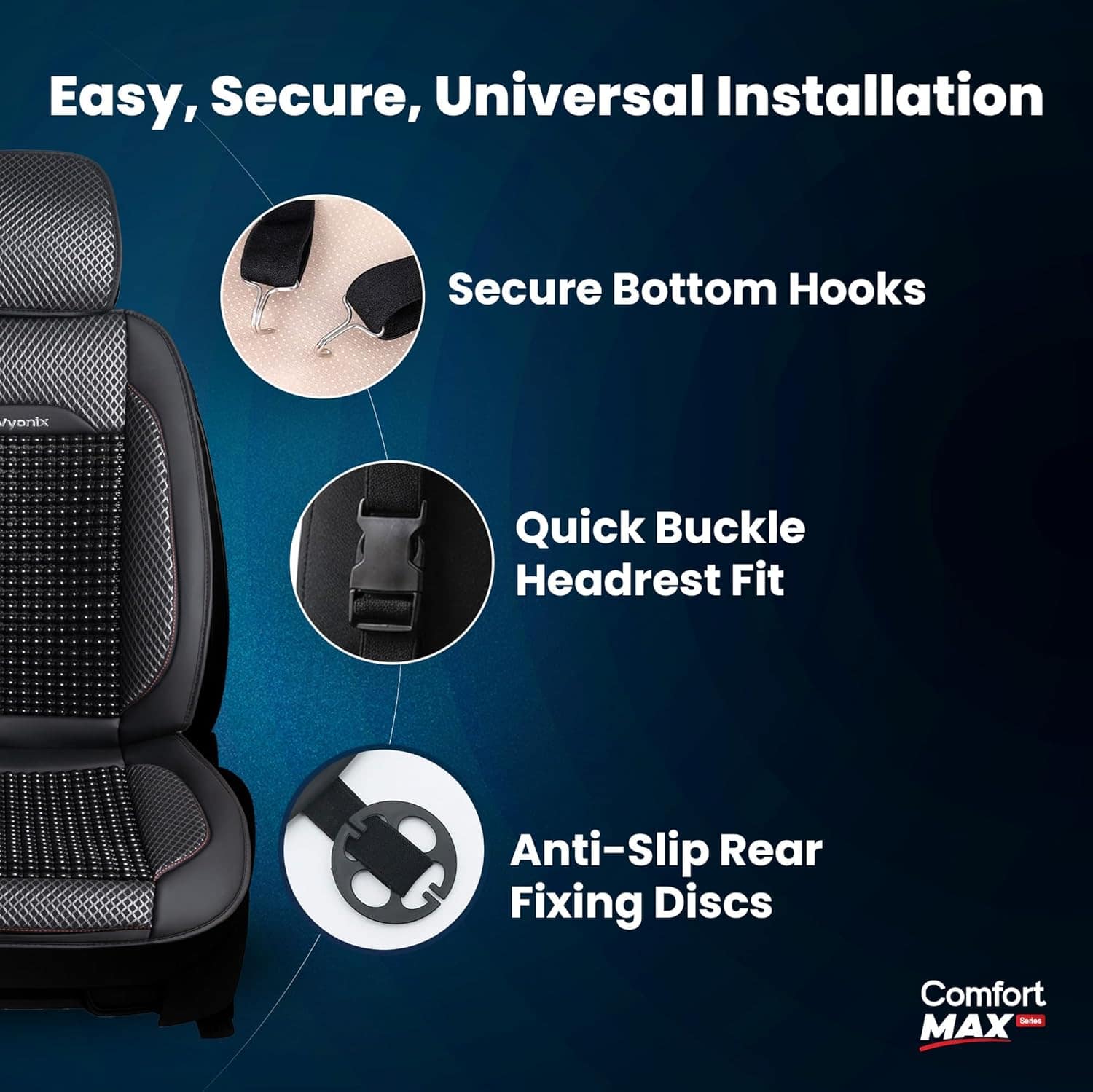 Vyonix car seat cover installation hooks and clasps
