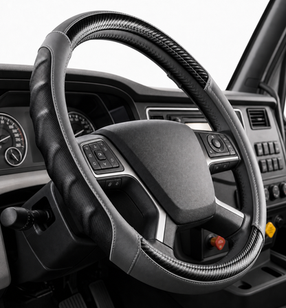 Vyonix 18 inch semi truck steering wheel cover in Grey with black carbon fibre accents, fitted in a truck cab
