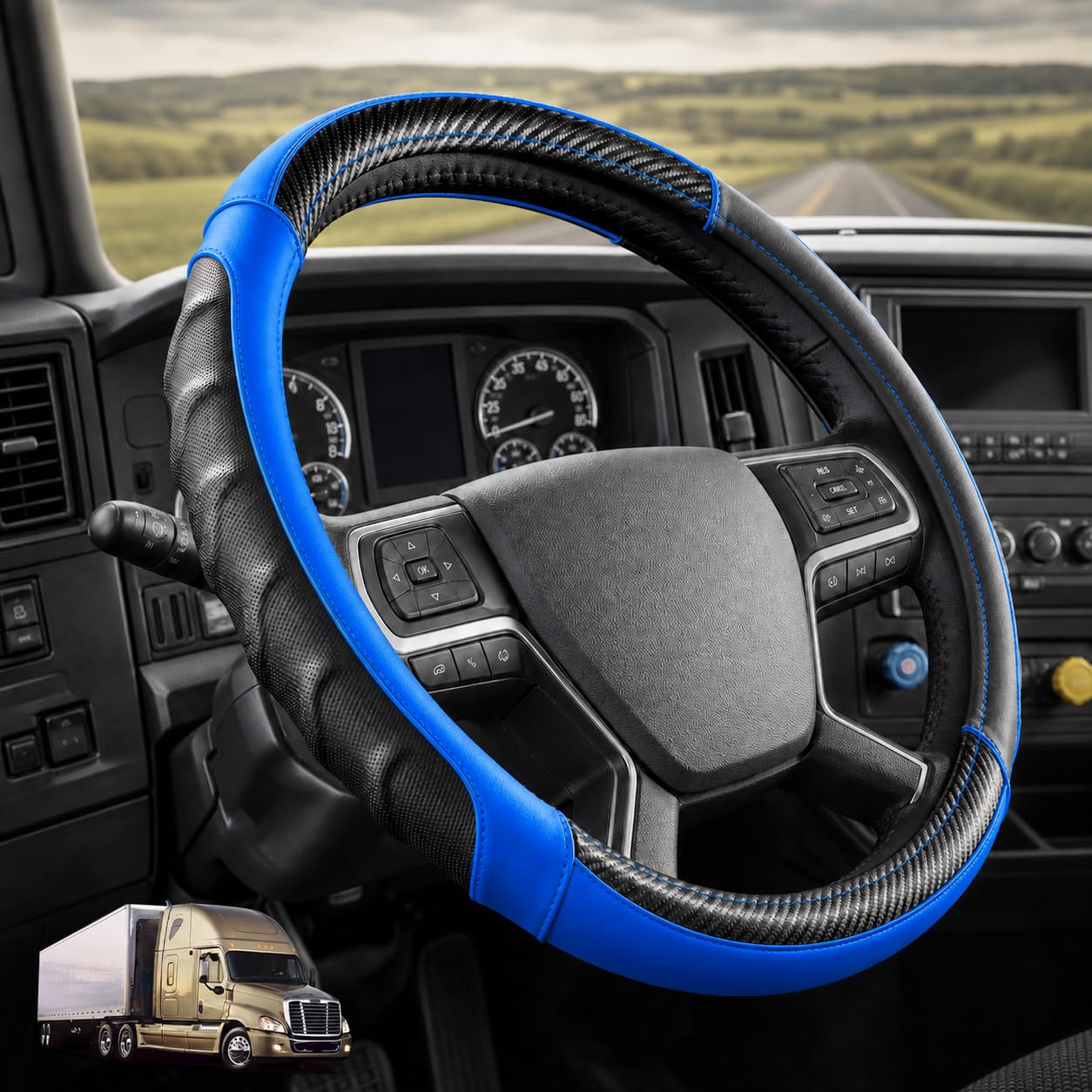 Vyonix 18 inch semi truck steering wheel cover in Blue with carbon fibre accents, fitted in a truck cab