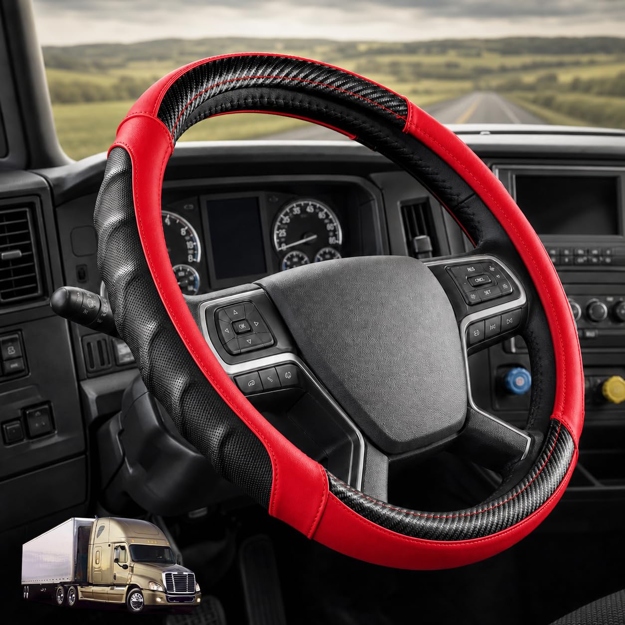 Vyonix 18 inch semi truck steering wheel cover in Red with carbon fibre accents, fitted in a truck cab
