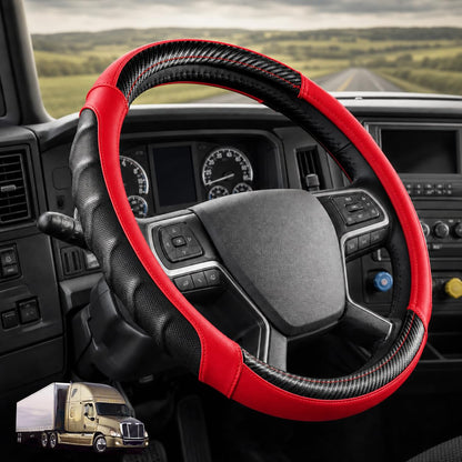 Vyonix 18 inch semi truck steering wheel cover in Red with carbon fibre accents, fitted in a truck cab