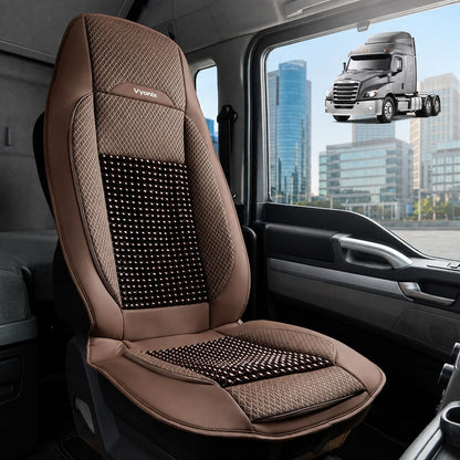 Coffee brown Vyonix beaded seat cover fitted to a semi truck driver seat