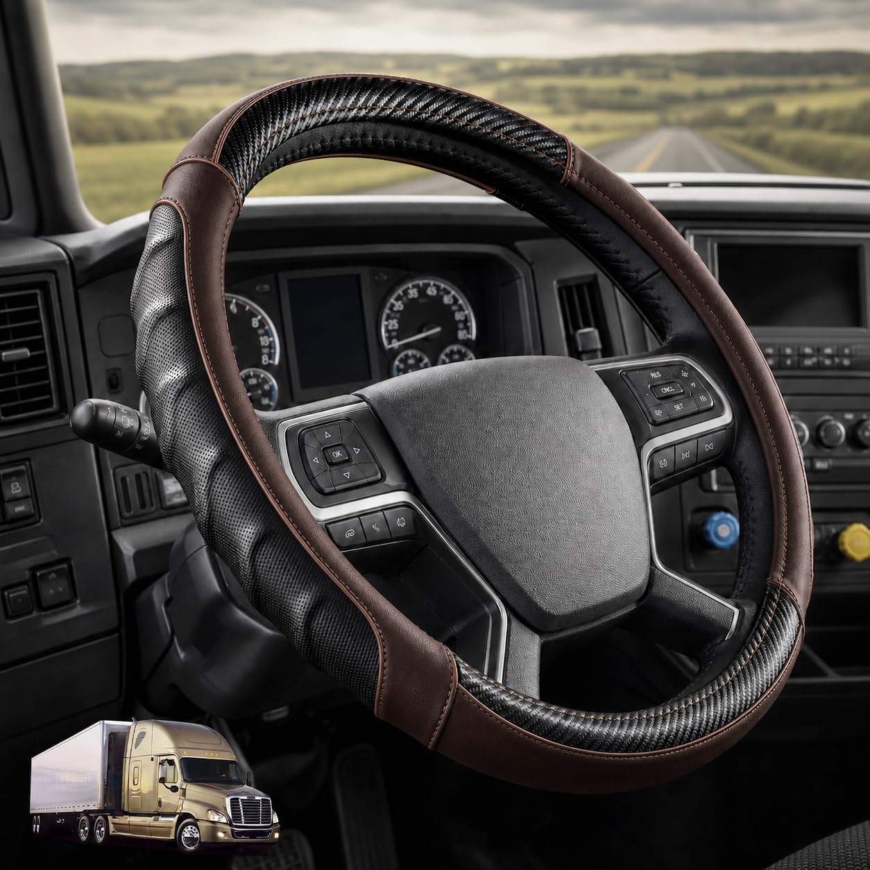 Vyonix 18 inch semi truck steering wheel cover in Dark Brown with carbon fibre accents, fitted in a truck cab