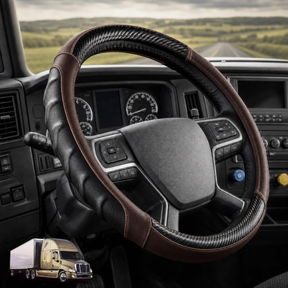 Vyonix 18 inch semi truck steering wheel cover in Dark Brown with carbon fibre accents, fitted in a truck cab