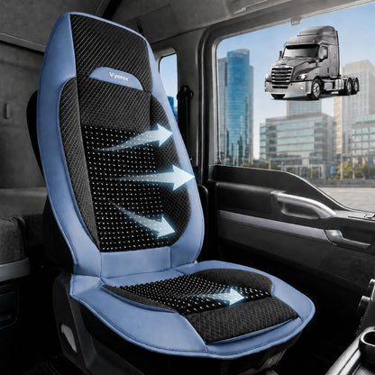 Blue Vyonix beaded seat cover fitted to a semi truck driver seat