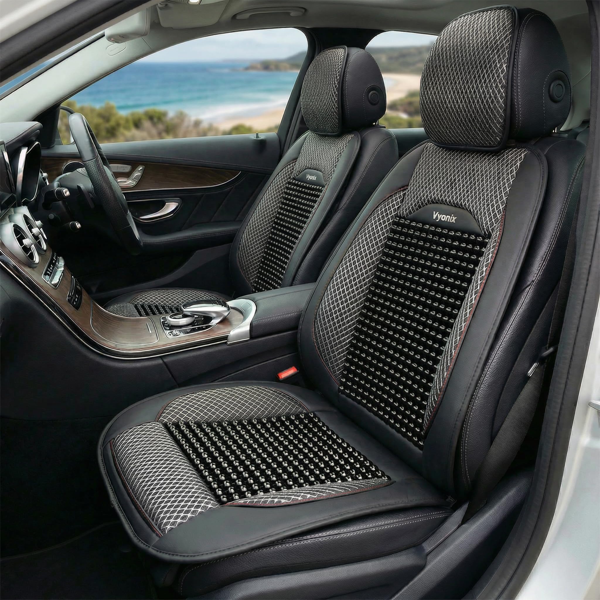 Vyonix beaded car seat cover 2 pack in royal black, wooden bead massage surface