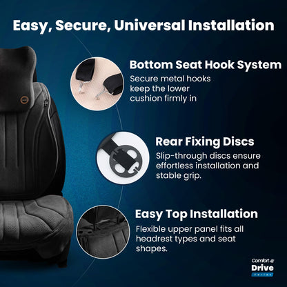 Car seat cushion shown in vehicle interior for driver comfort on long drives