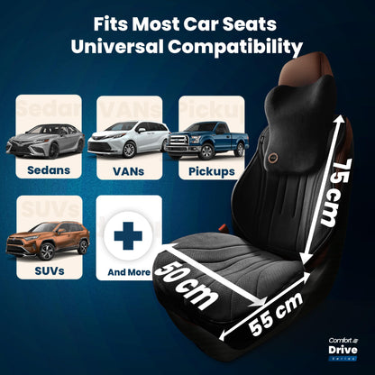 Seat cushion fitment chart - fits sedans, vans, pickups and SUVs, 75 cm backrest, 50 by 55 cm seat base