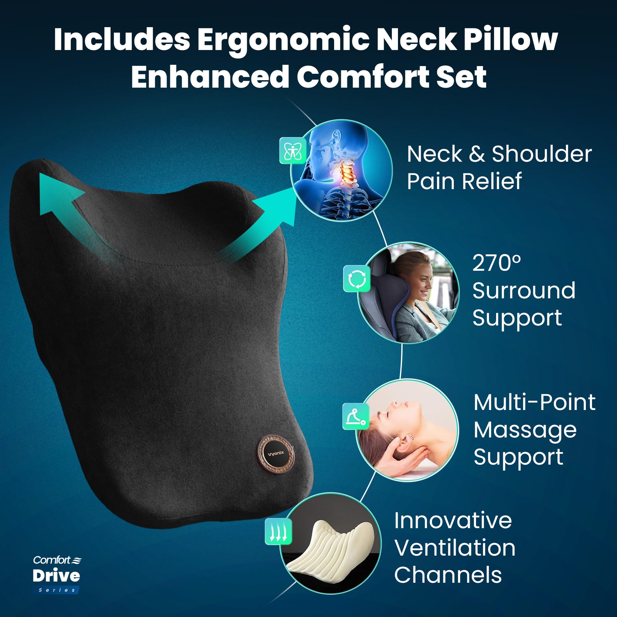 Vyonix car seat cushion with detachable neck pillow and lumbar back support