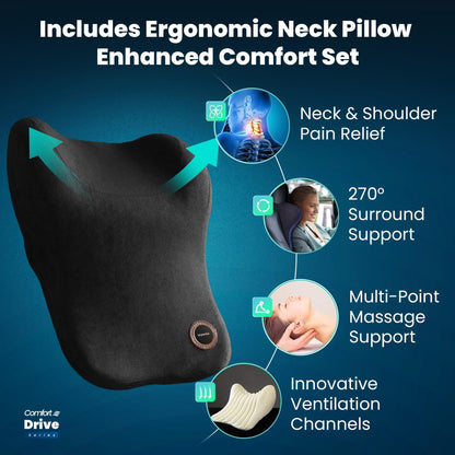Vyonix car seat cushion with detachable neck pillow and lumbar back support