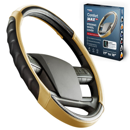 Vyonix 18 inch semi truck steering wheel cover in Tan with black carbon fibre accents