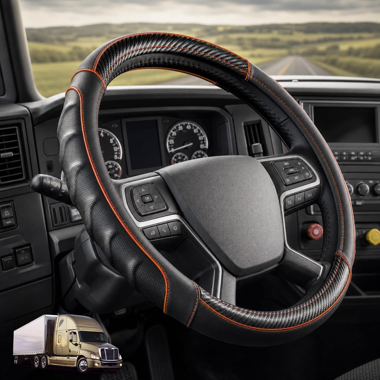 Vyonix 18 inch brown semi-truck steering wheel cover installed in cab
