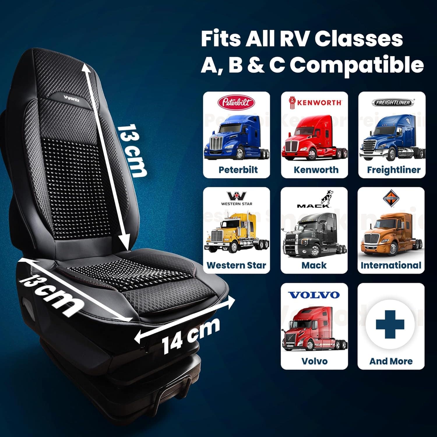 Vyonix semi-truck beaded seat cover fit dimensions for Freightliner, Kenworth, Peterbilt, Volvo, and Mack cabs