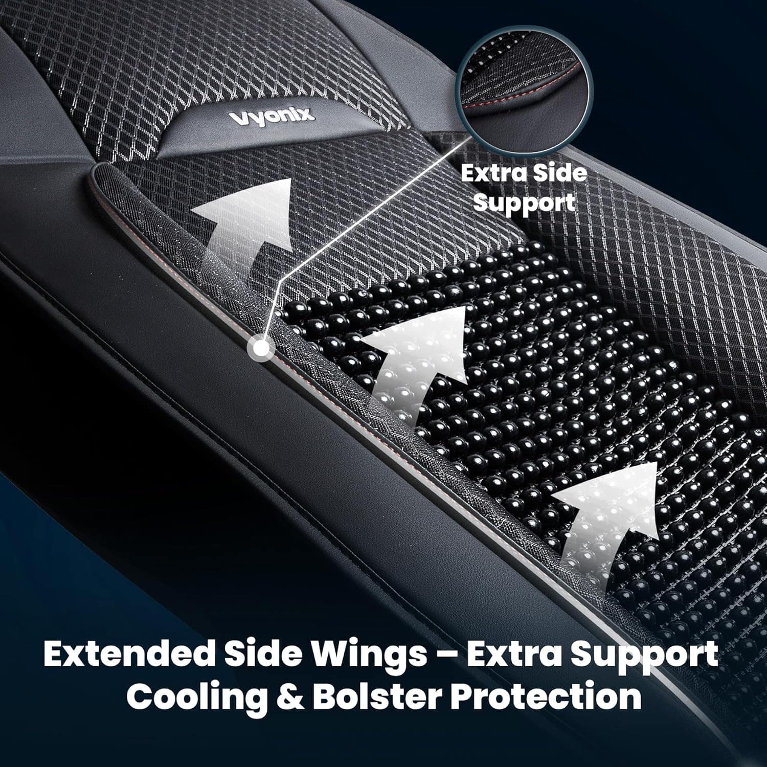 Vyonix semi-truck beaded seat cover side support and edging close-up