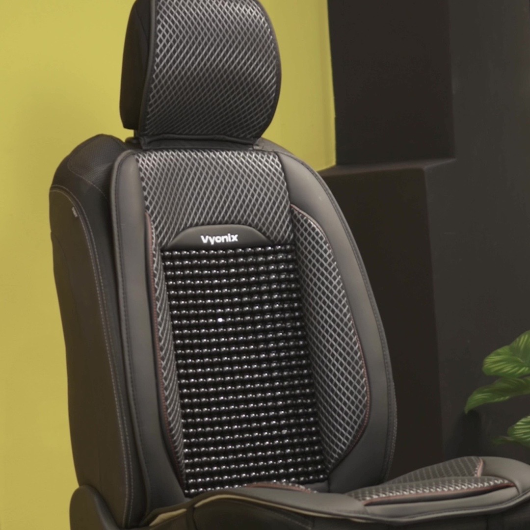 Vyonix beaded seat cover fitted on a car driver seat